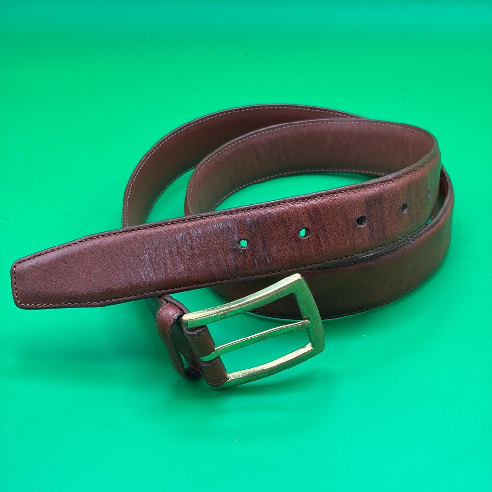 Classic Brown Leather Dress Belt Mens 34 Solid Brass Buckle Business Casual